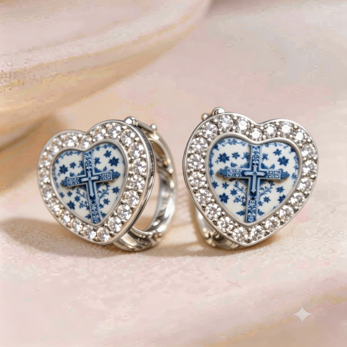 Blue Floral Cross Heart Hoop Earrings