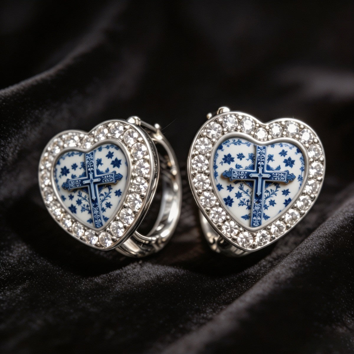 Blue Floral Cross Heart Hoop Earrings