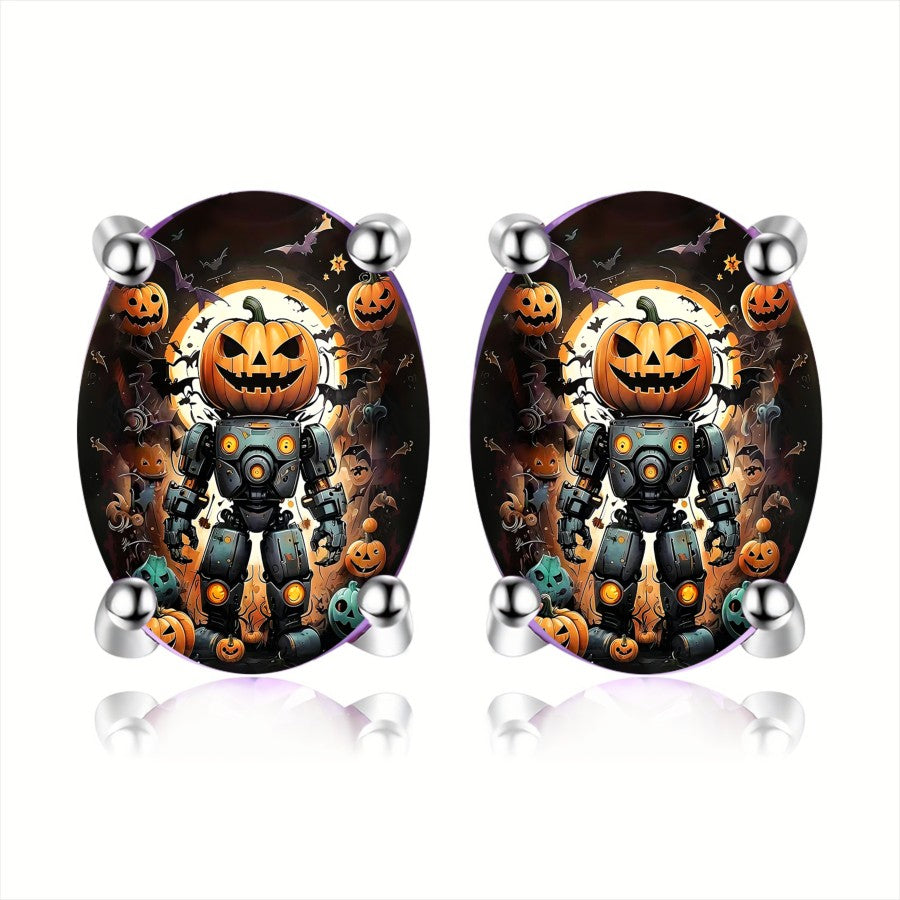 Pumpkin Robot Oval Earrings