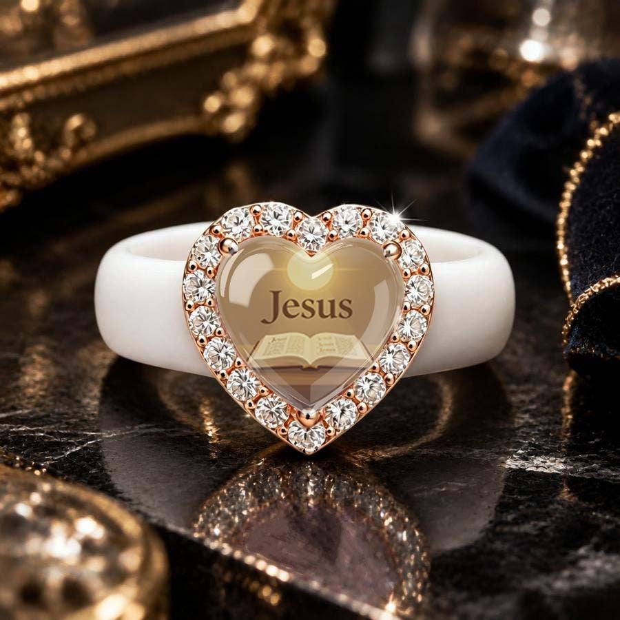 Crystal Jesus Heart Ring