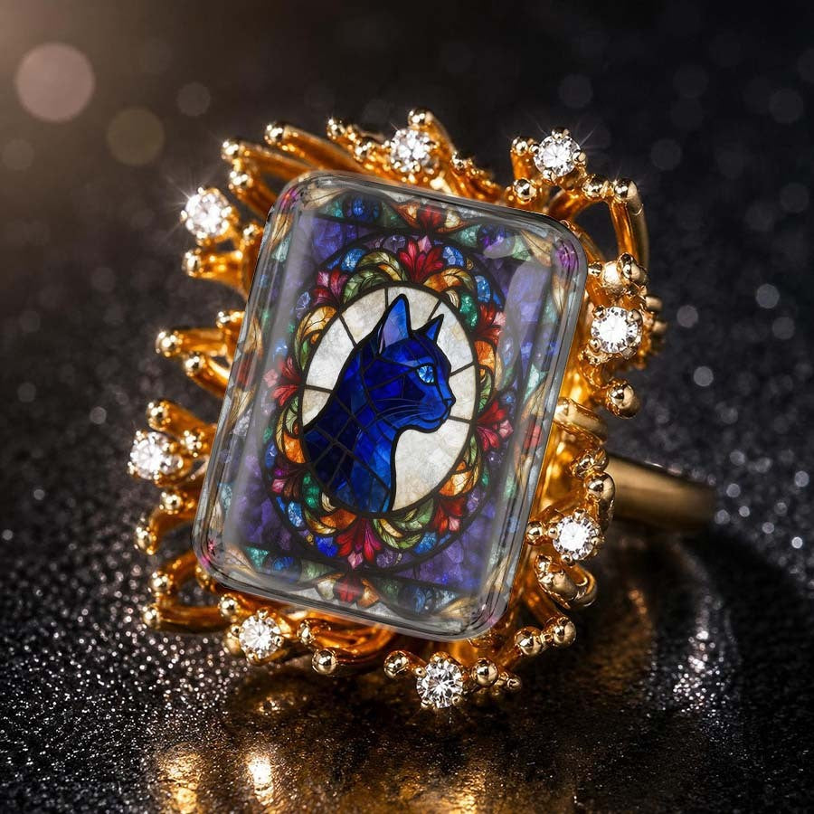 Blue Cat Stained Glass Ring