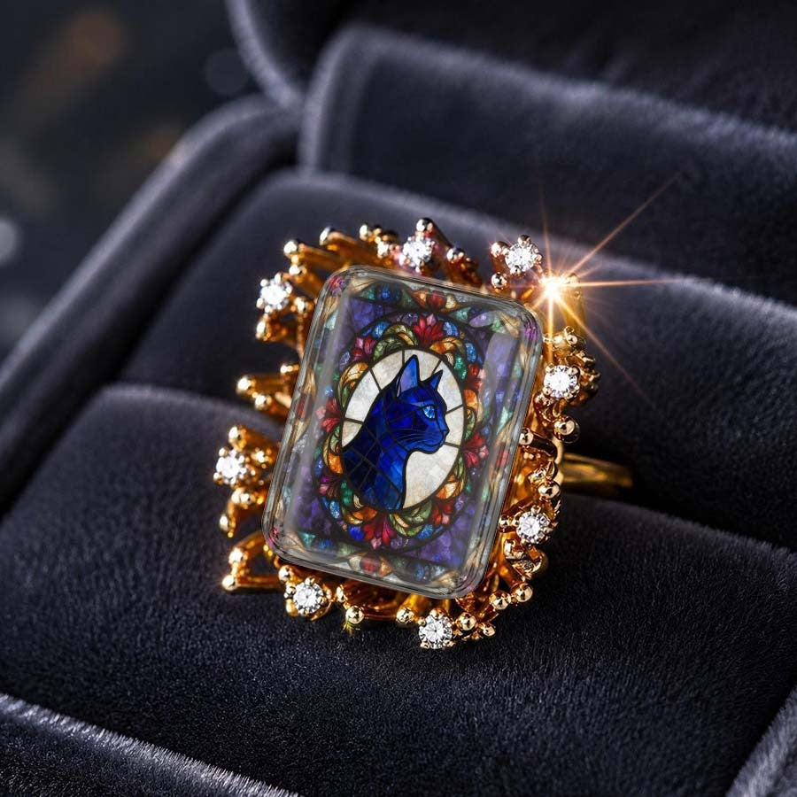 Blue Cat Stained Glass Ring