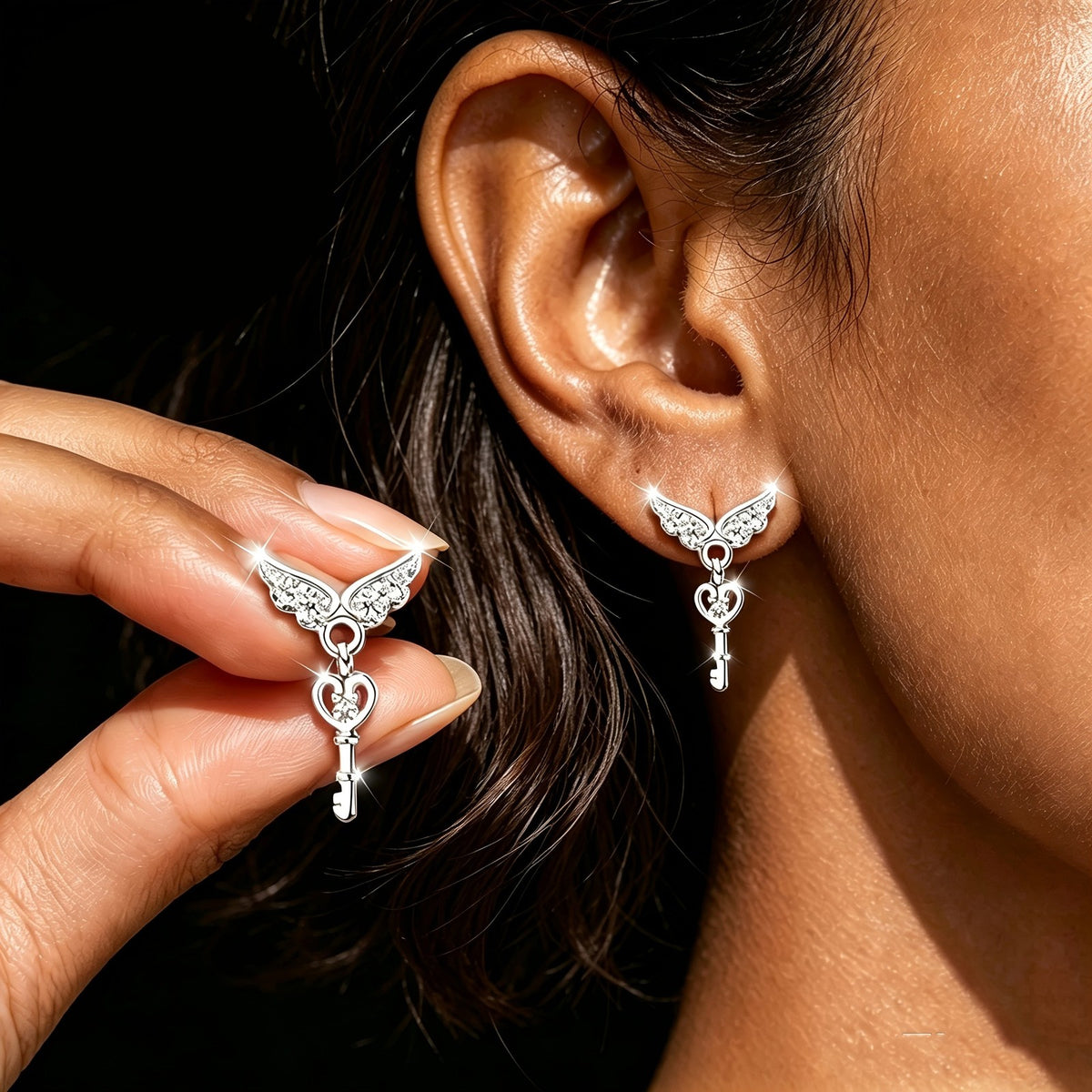 Crystal Angel Key Earrings