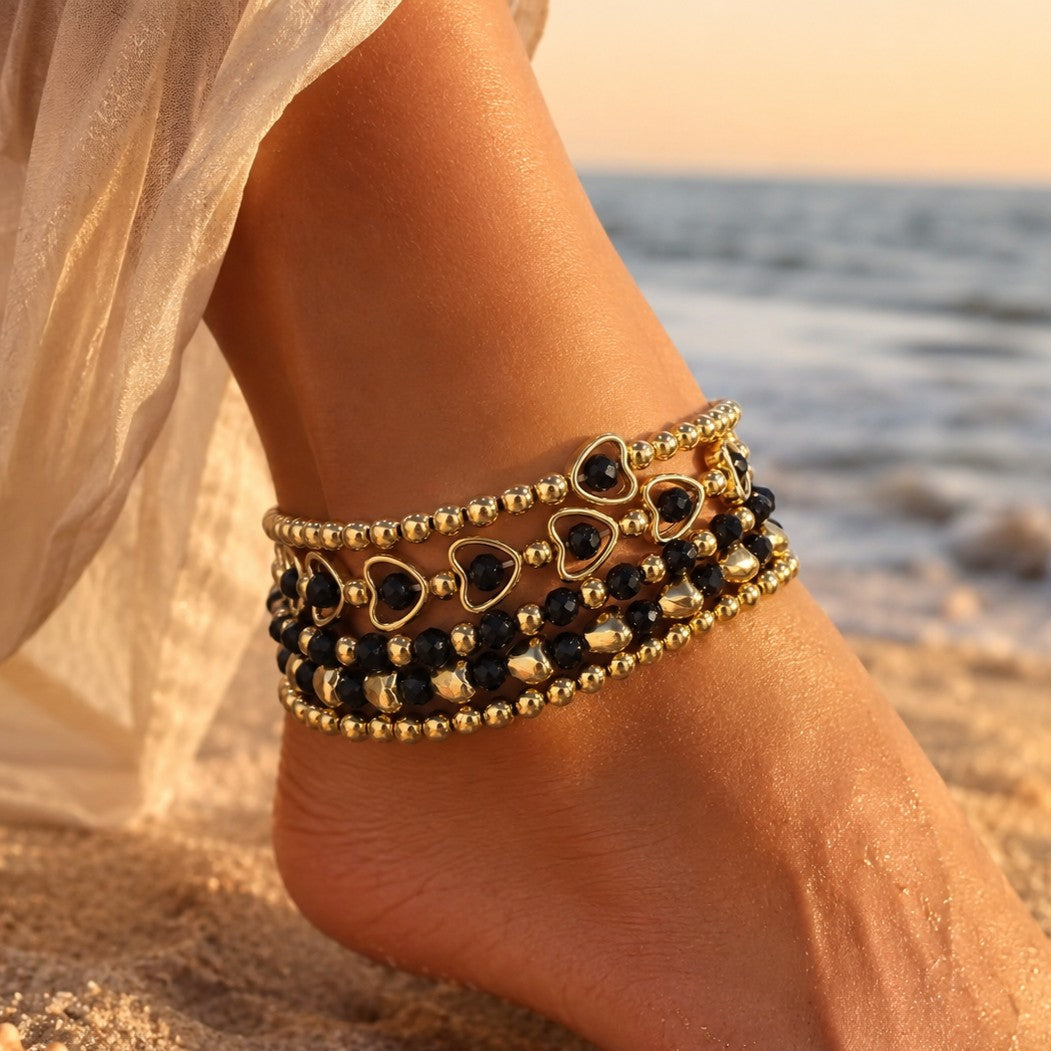 Black Heart & Bead Anklet Set