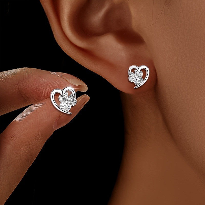 Crystal Paw Heart Stud Earrings