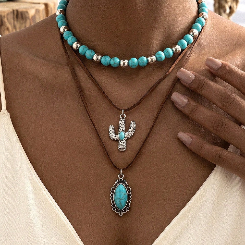Turquoise Cactus & Oval Pendant Layered Necklace Set