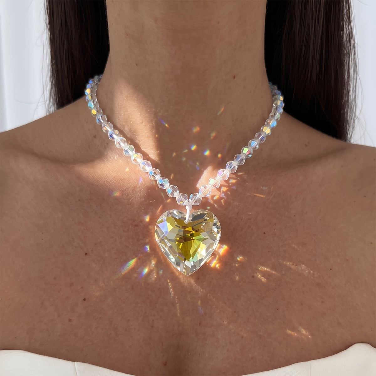 Yellow Heart Crystal Beaded Necklace
