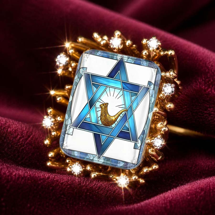 Blue Star of David Glass Square Ring