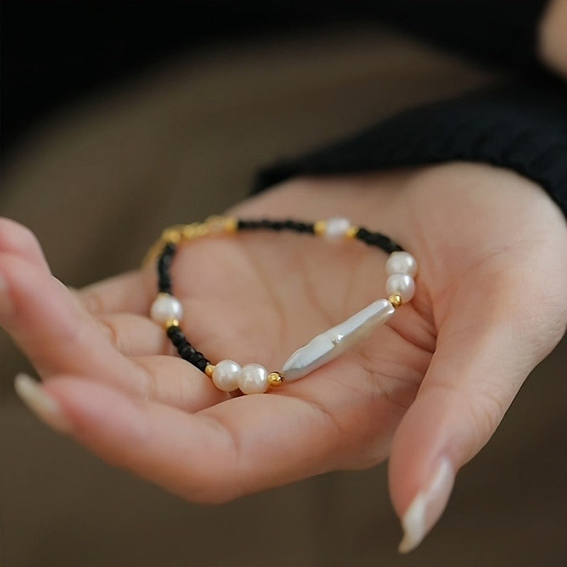 Baroque Pearl & Black Bead Bracelet