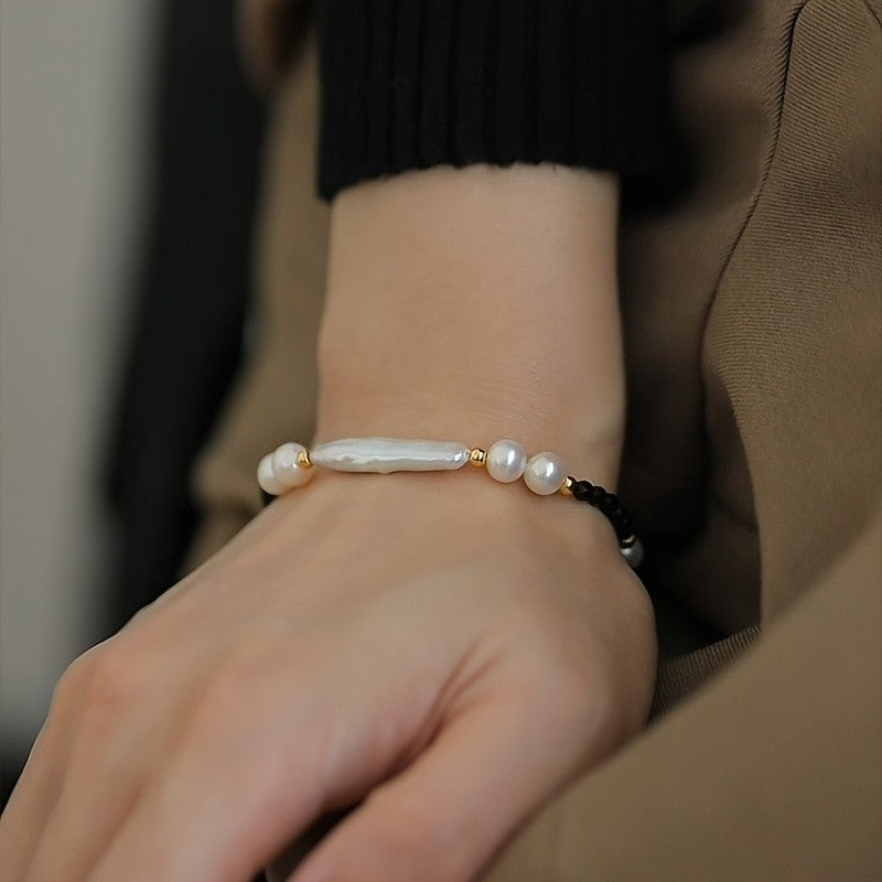 Baroque Pearl & Black Bead Bracelet