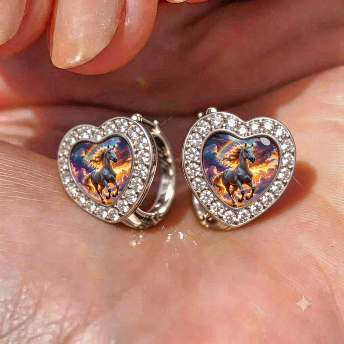 Rainbow Horse Heart Huggie Earrings