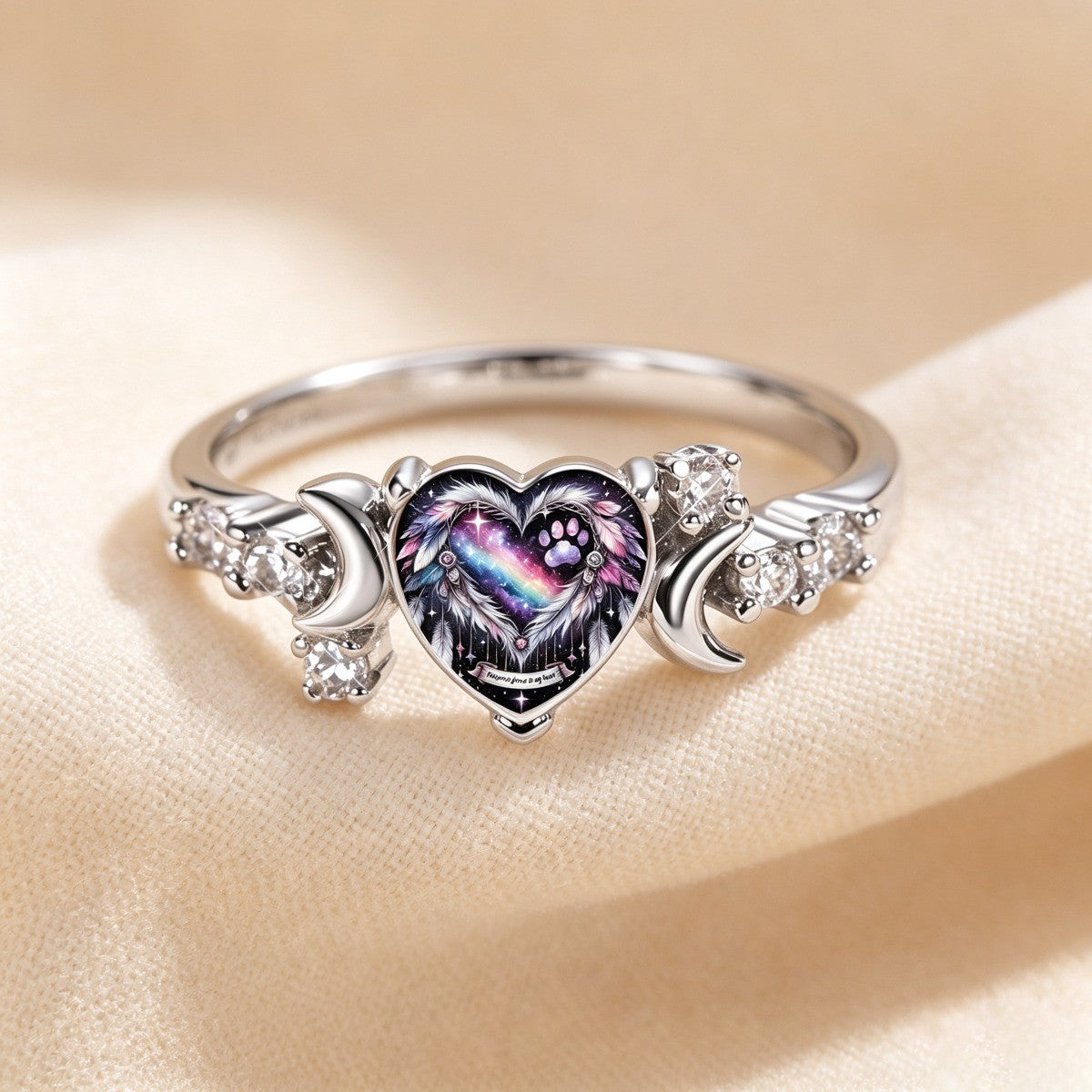 Galaxy Paw & Crescent Moon Heart Ring