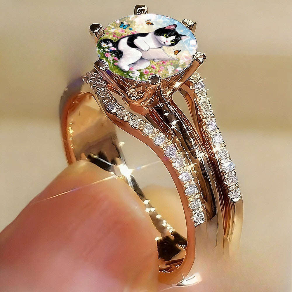 Reading Cat in Flowers Oval Ring