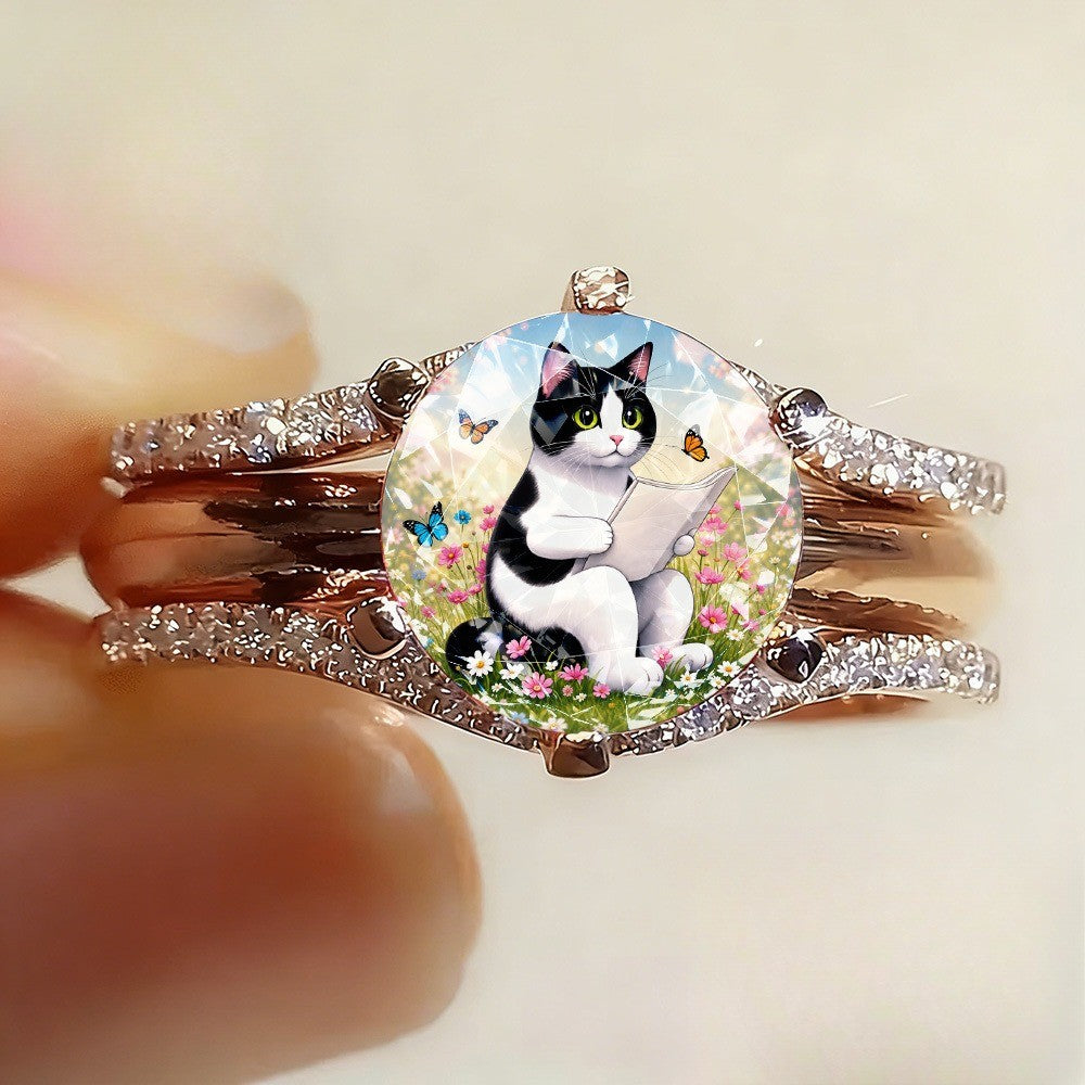 Reading Cat in Flowers Oval Ring