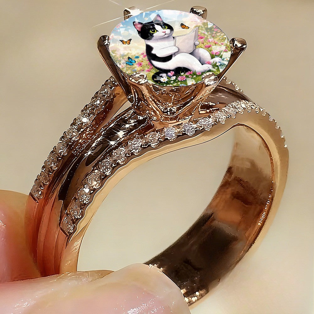 Reading Cat in Flowers Oval Ring