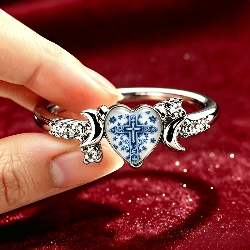 Blue Floral Cross Heart Ring