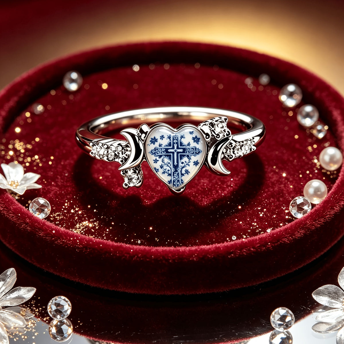 Blue Floral Cross Heart Ring