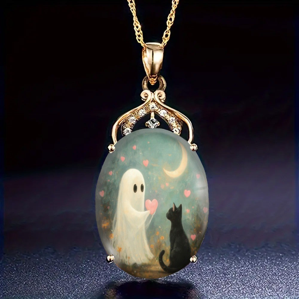 Ghost & Cat Heart Pendant Necklace