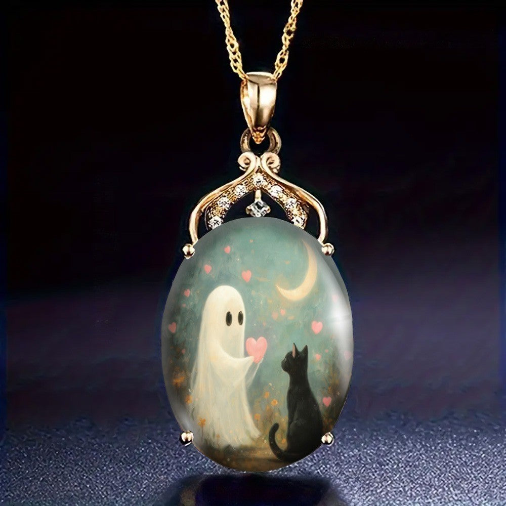 Ghost & Cat Heart Pendant Necklace
