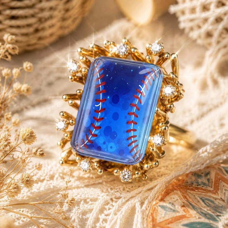 Blue Baseball Stitch Statement Ring
