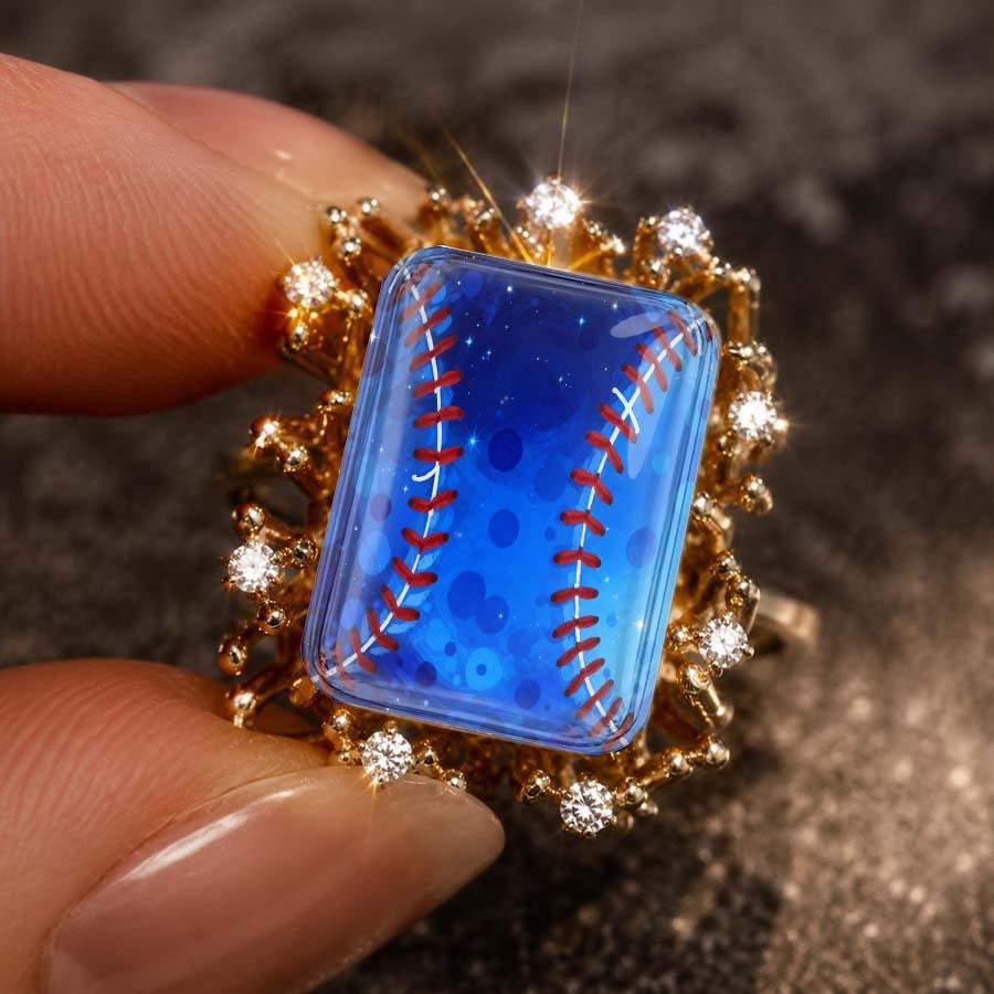 Blue Baseball Stitch Statement Ring