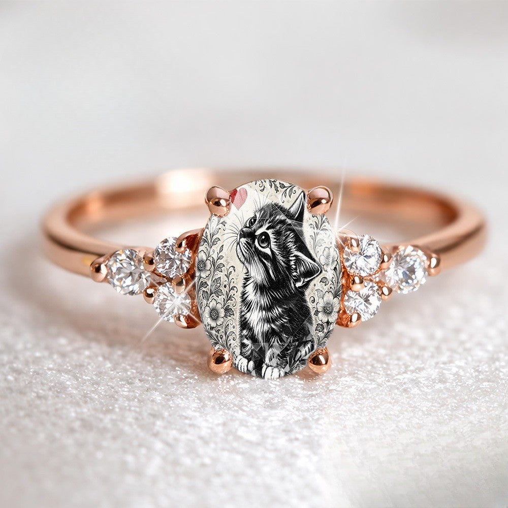 Kitten & Red Heart Oval Ring