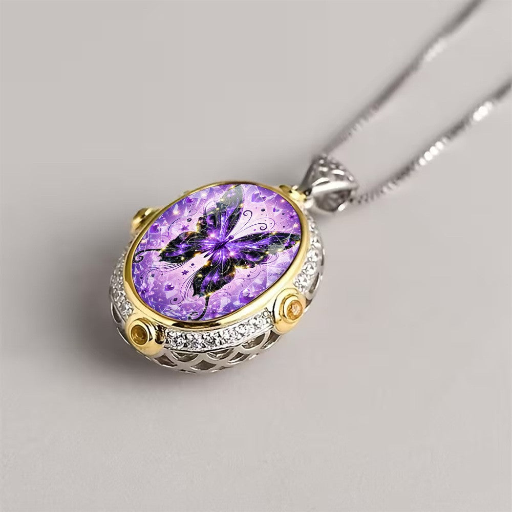 White Purple Butterfly Oval Pendant Necklace