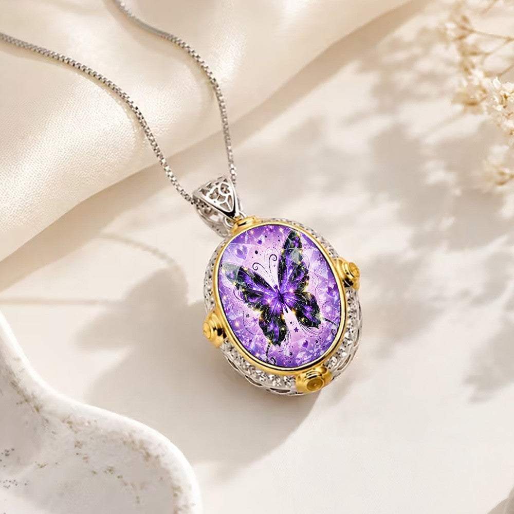 White Purple Butterfly Oval Pendant Necklace