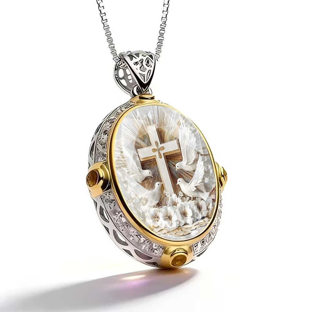 Cross & Dove Oval Pendant Necklace