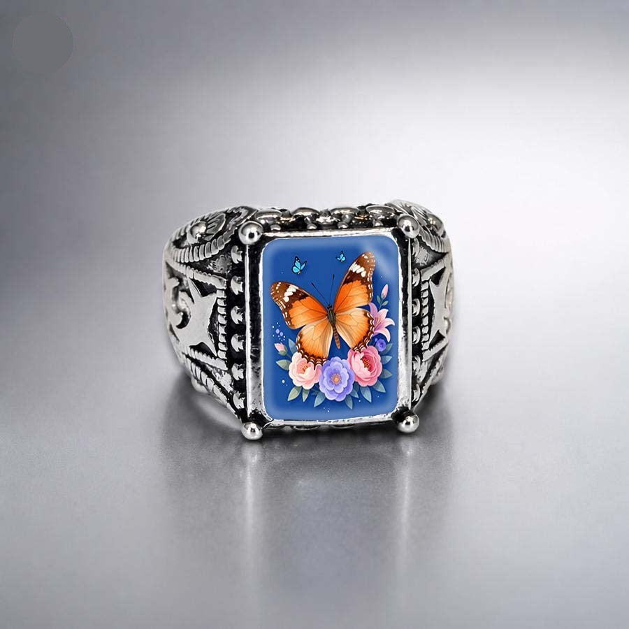 Blue Butterfly Filigree Square Ring