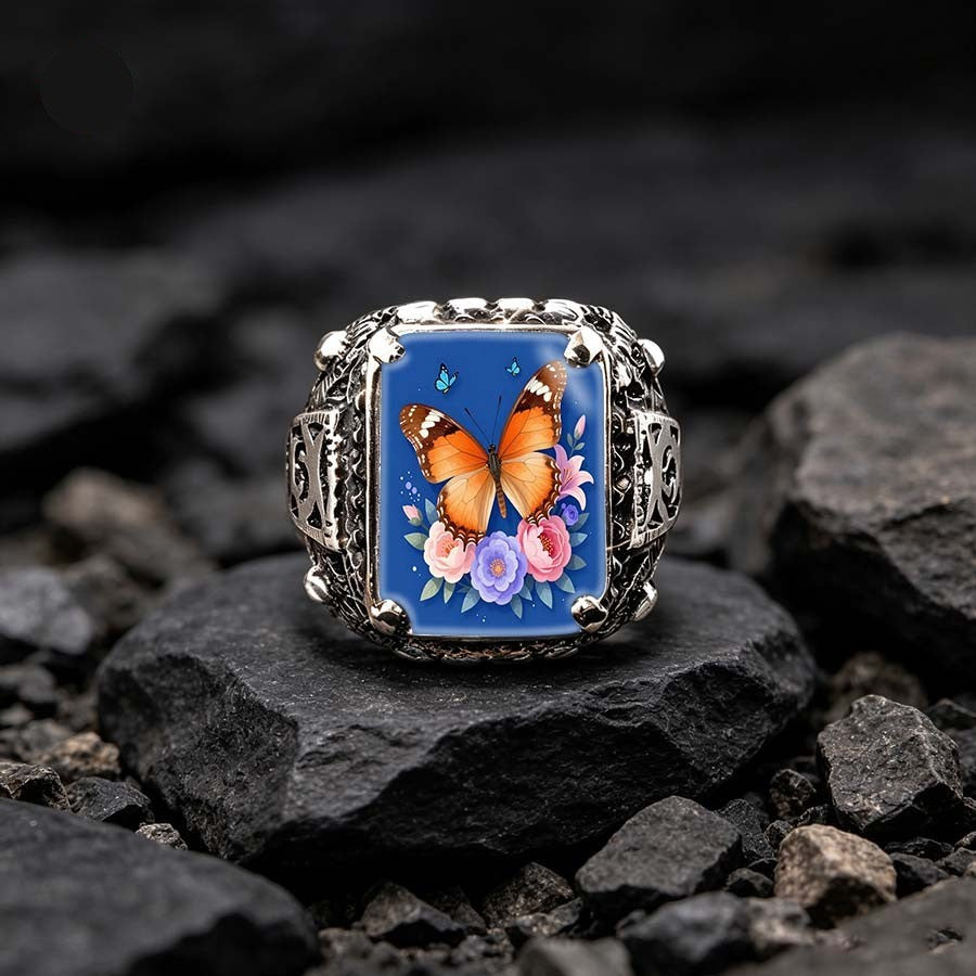 Blue Butterfly Filigree Square Ring