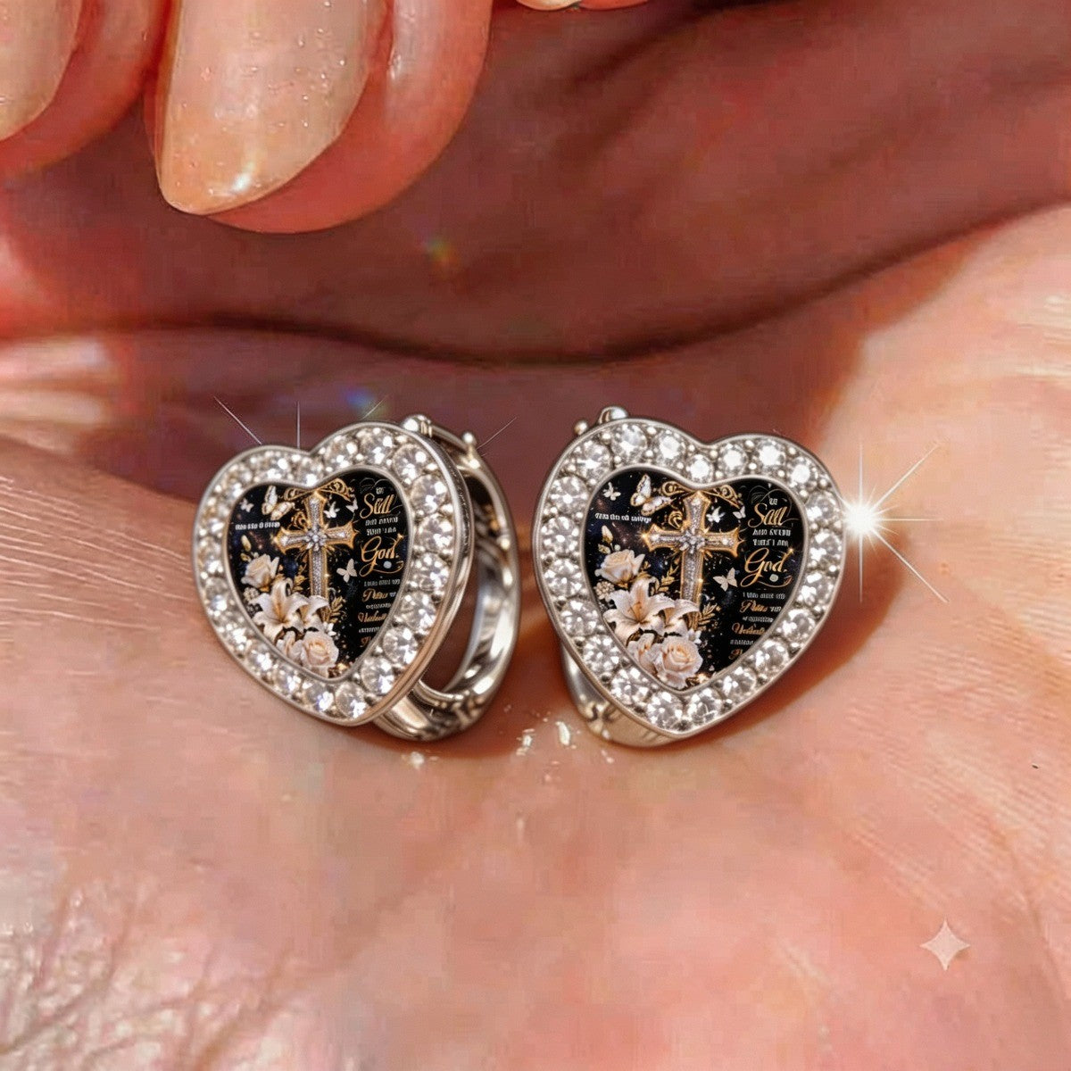 Floral Cross Heart Huggie Earrings