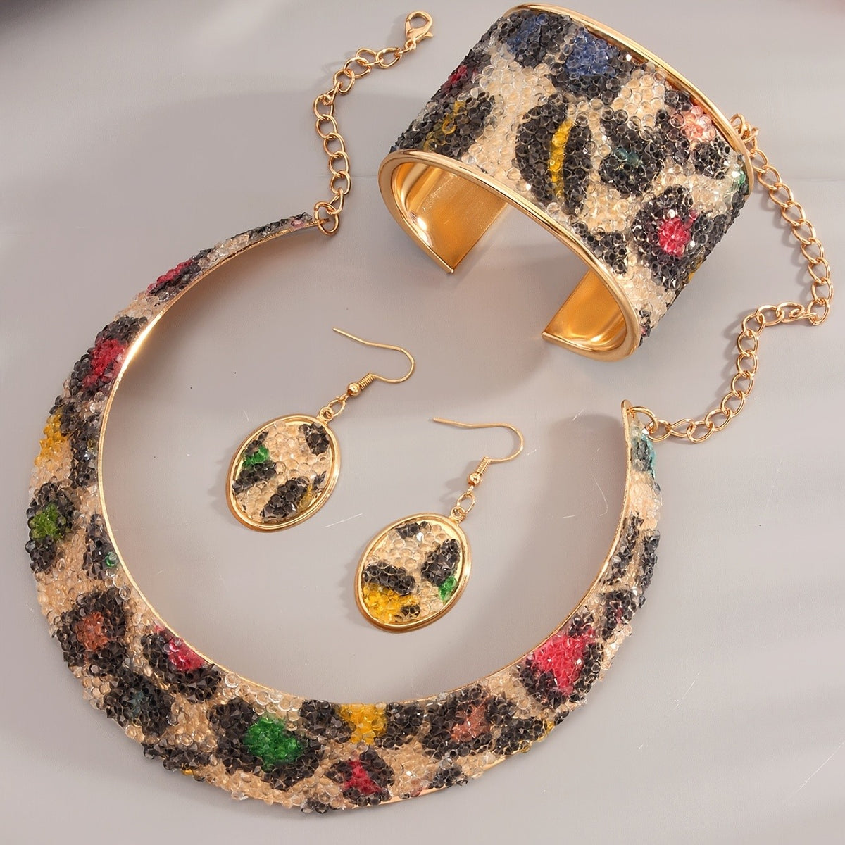 Colorful Rhinestone Leopard Collar Set