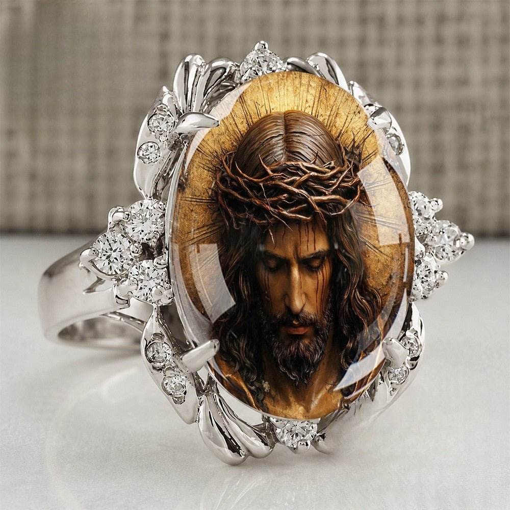 Crowned Jesus Portrait Statement Ring