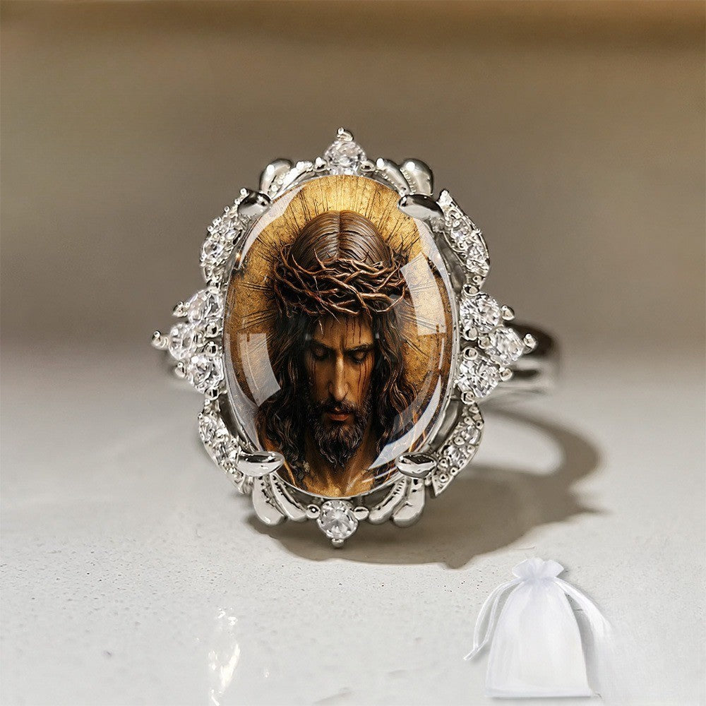 Crowned Jesus Portrait Statement Ring