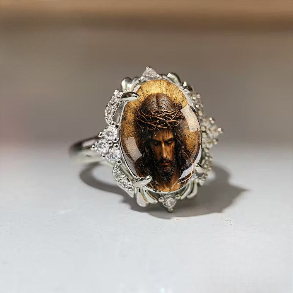 Crowned Jesus Portrait Statement Ring