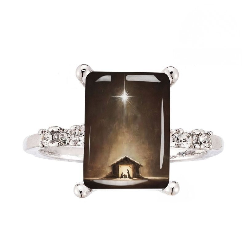 Nativity Scene Glass Inlay Statement Ring
