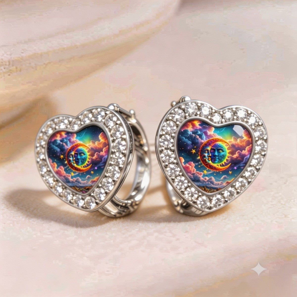 Rainbow Sun & Moon Heart Hoop Earrings