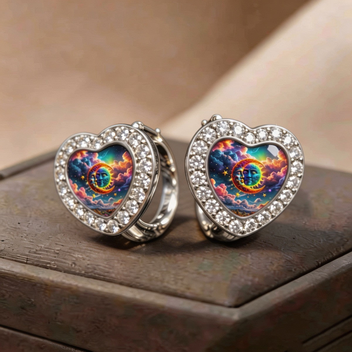 Rainbow Sun & Moon Heart Hoop Earrings