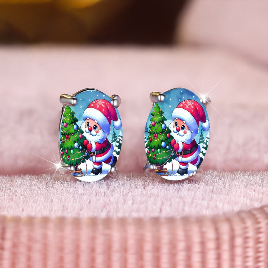 Santa & Christmas Tree Oval Earrings