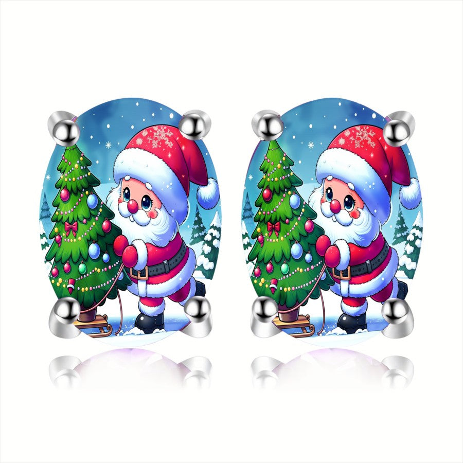 Santa & Christmas Tree Oval Earrings
