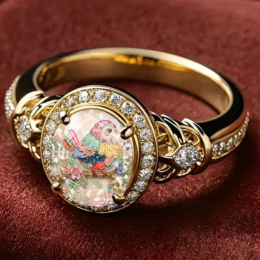 Colorful Bird Branch Oval Ring