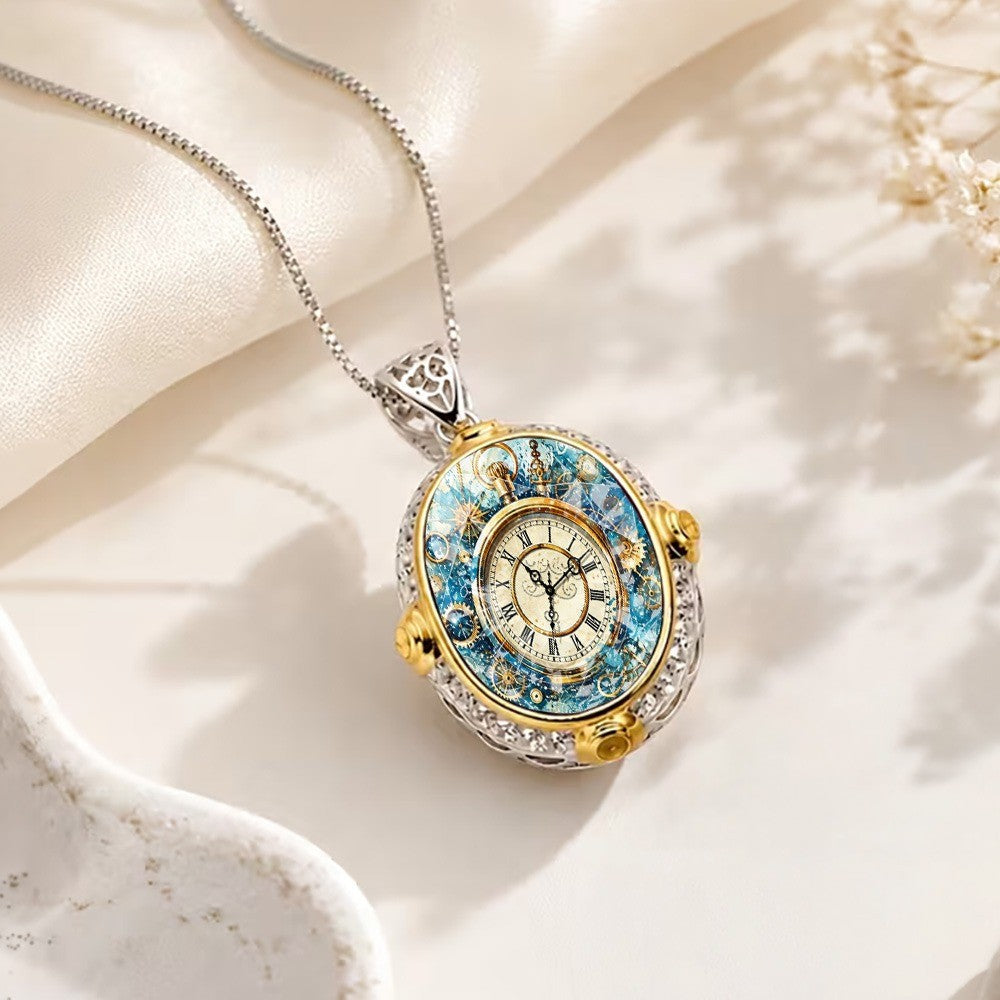 Blue Gear Clock Pendant Necklace