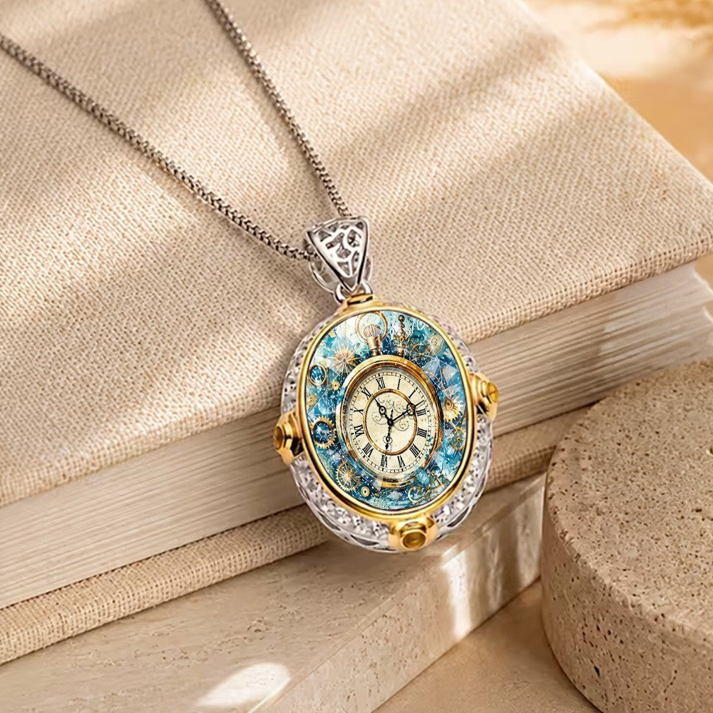 Blue Gear Clock Pendant Necklace