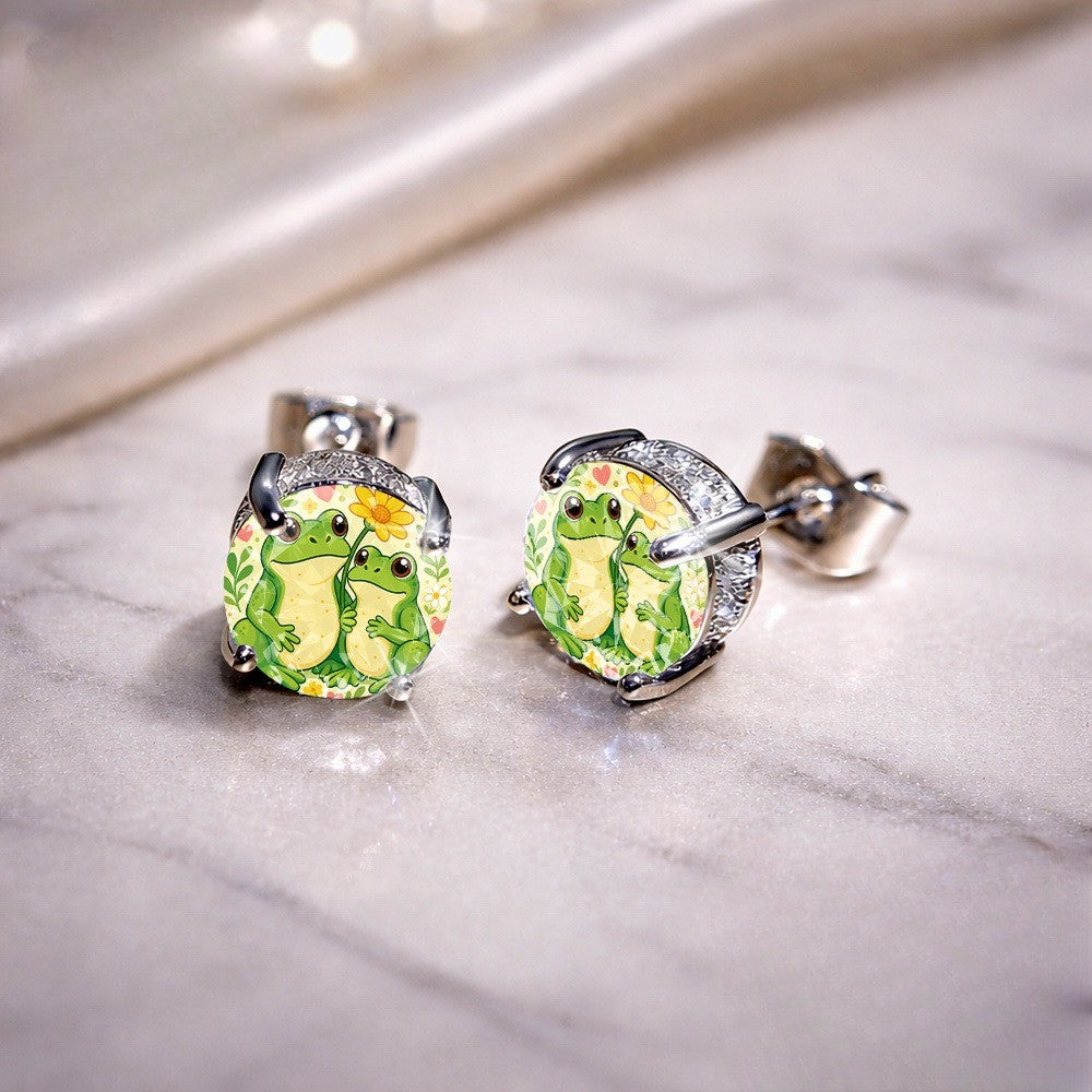 Frog & Floral Glass Dome Stud Earrings
