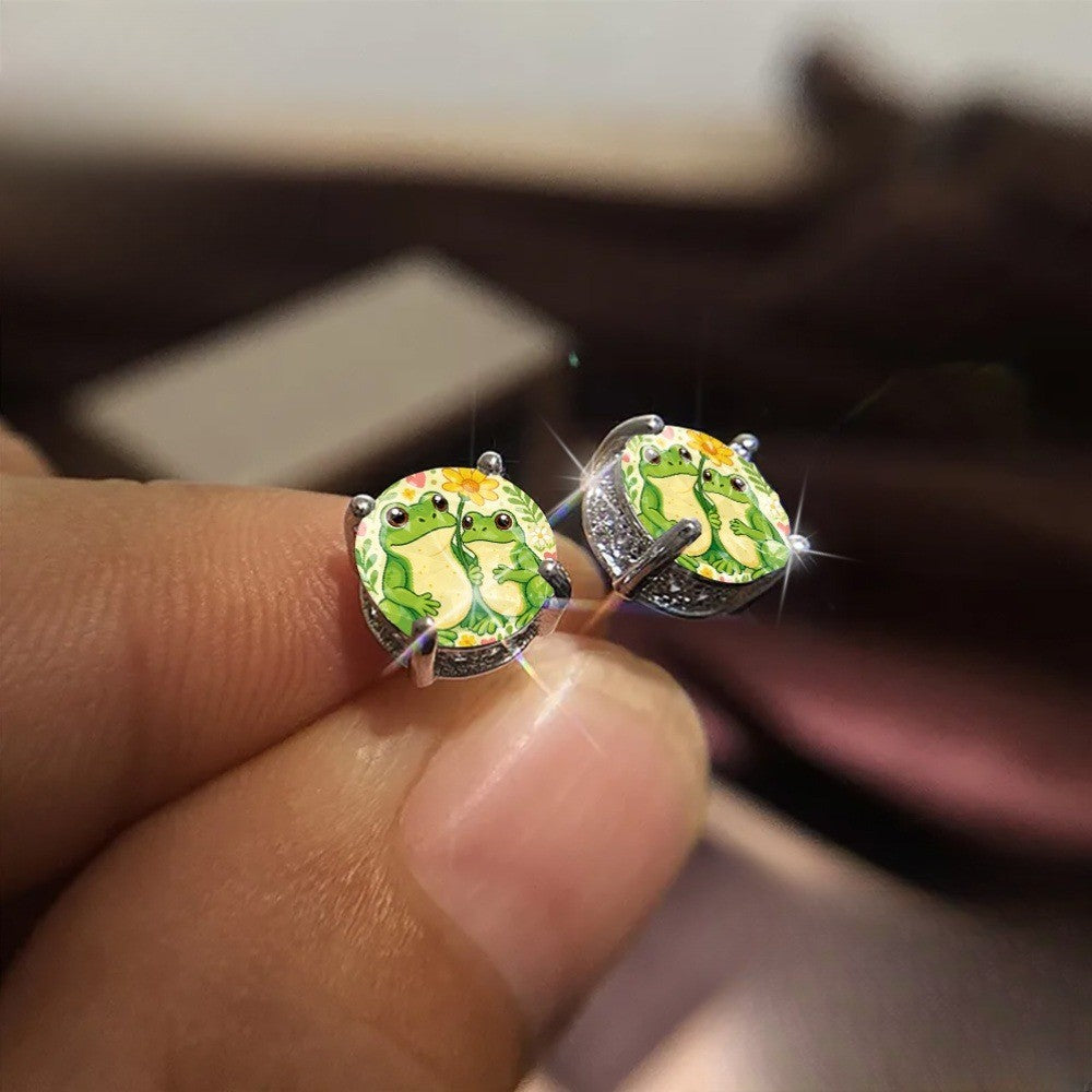 Frog & Floral Glass Dome Stud Earrings