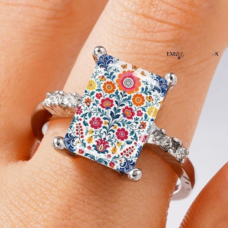 Colorful Floral Tile Rectangle Ring