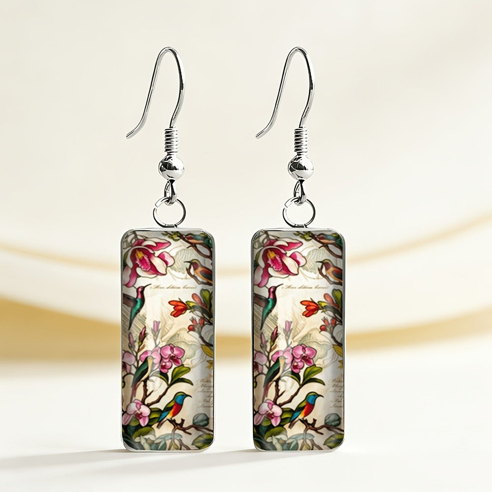 Hummingbird Mosaic Glass Rectangle Earrings