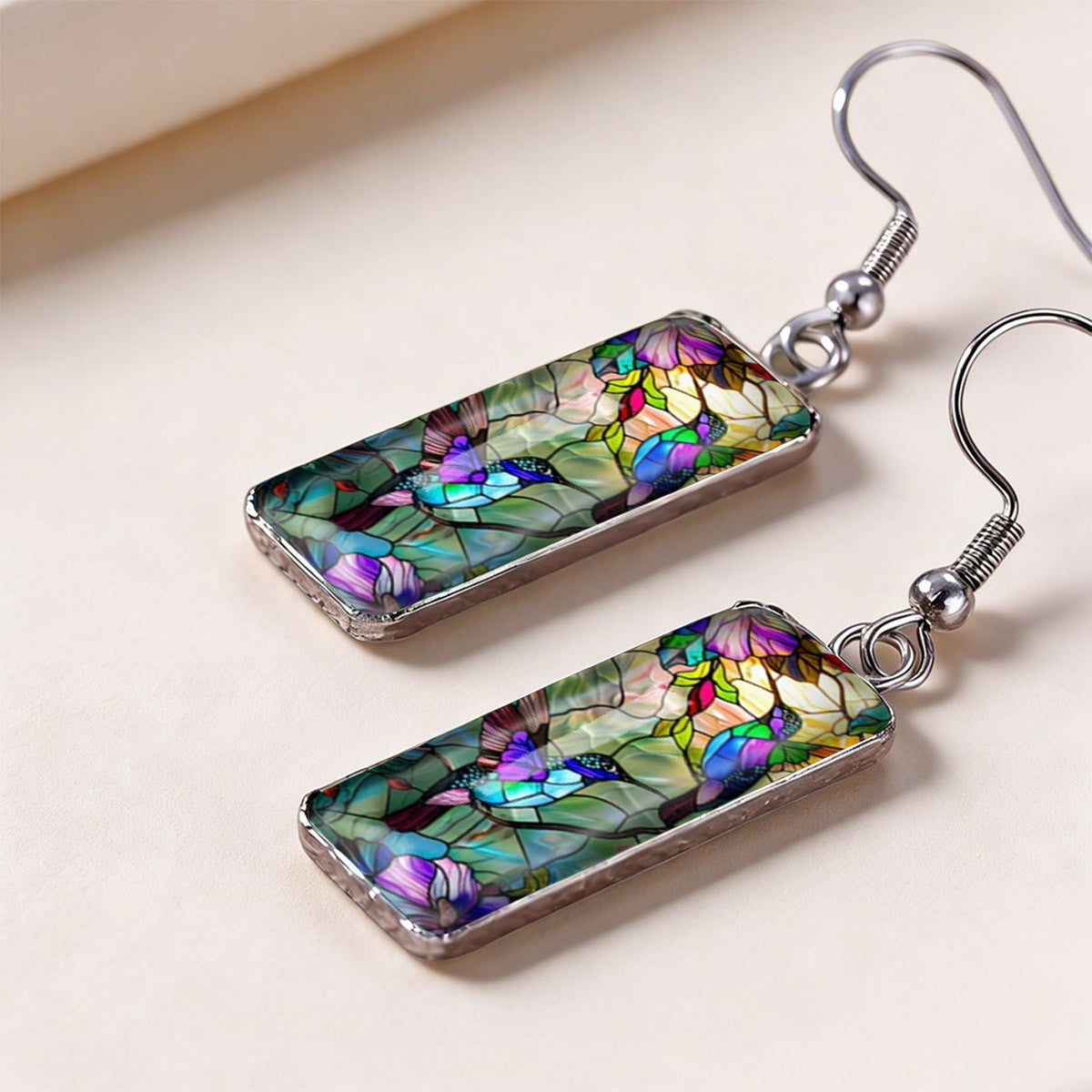 Hummingbird Mosaic Glass Rectangle Earrings