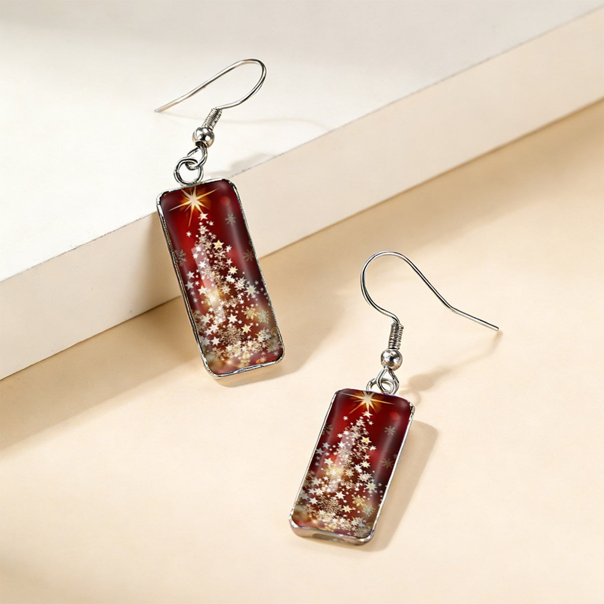 Red Starlight Christmas Tree Rectangular Earrings